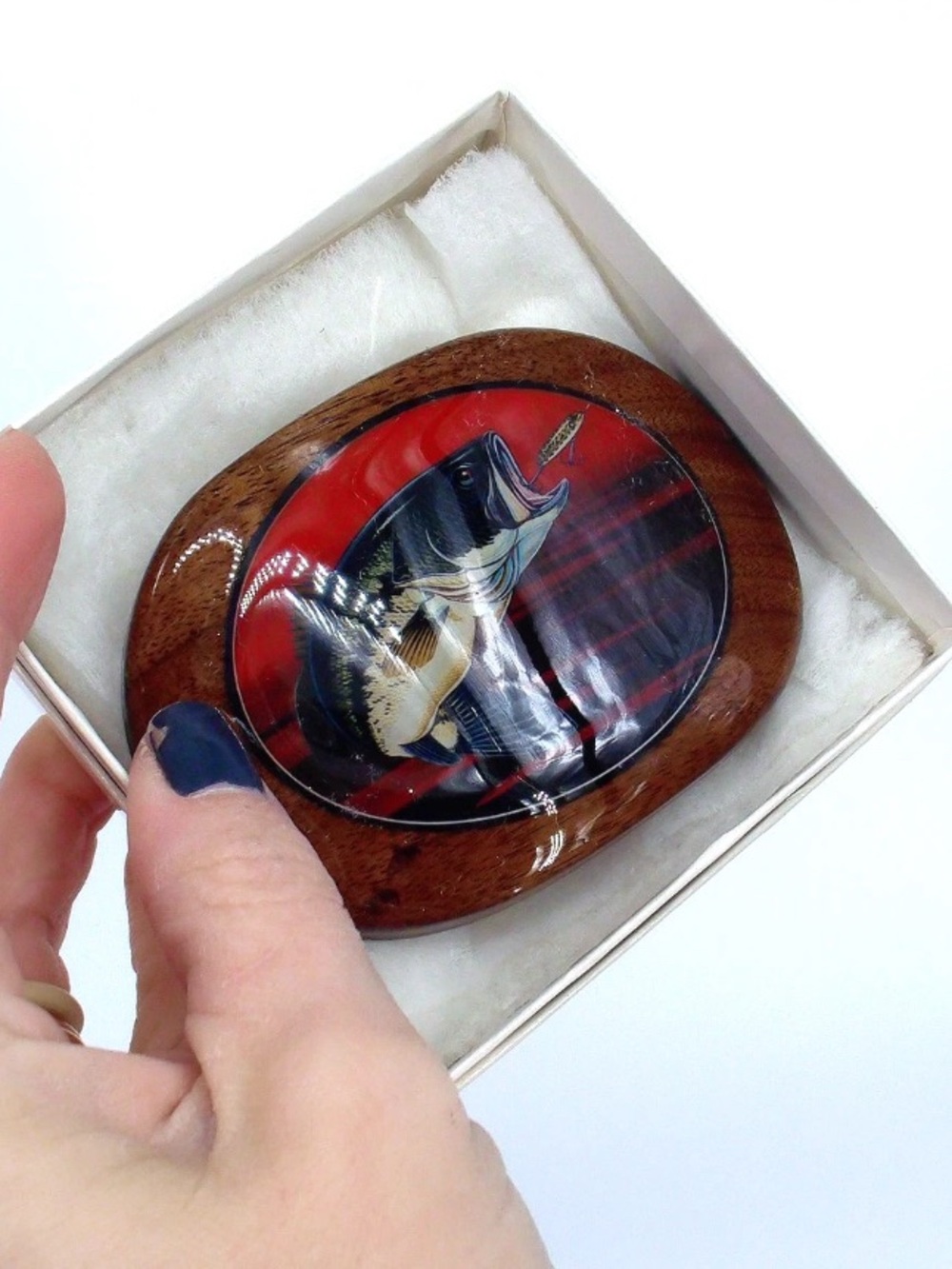 Vtg 1970 Wooden Fishing Belt Buckle Metal Fish Wood Bass Laquer Hand Painted 3"
